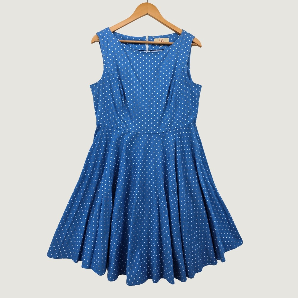 Grace Karin Blue Polka Dot Swing Dress XXL Retro Rockabilly Pinup Cotton Stretch